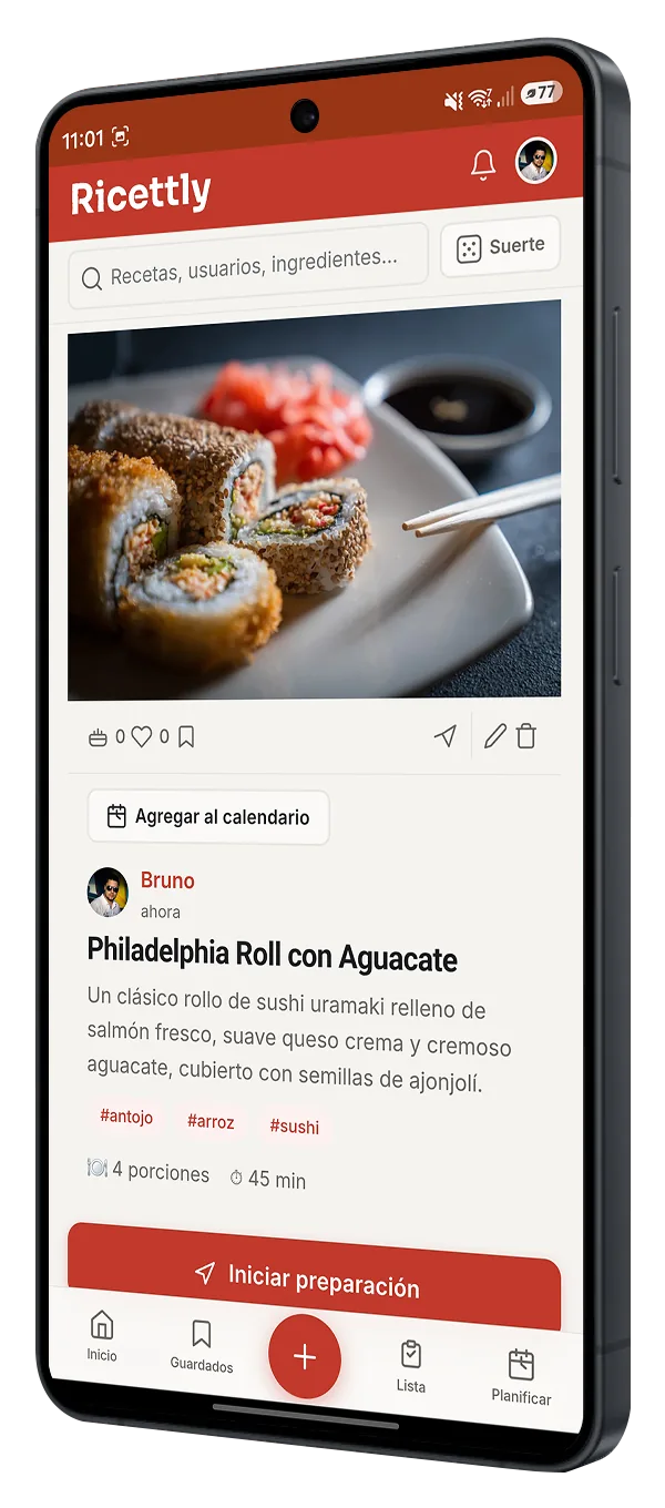 Pantalla de recetas en Ricettly